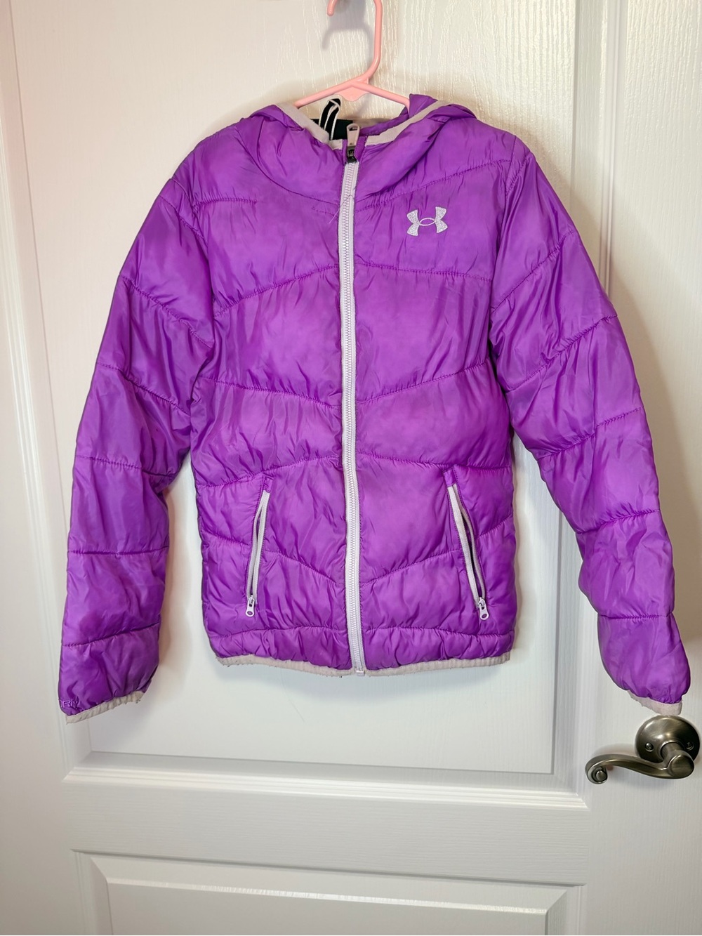 Under Armour Girls' Purple Hooded Puffer Jacket with White Trim